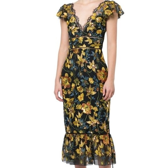 Marchesa Dresses & Skirts - Rare Marchesa Notte Floral Embroidered Sequin V Neck Cocktail Midi Dress